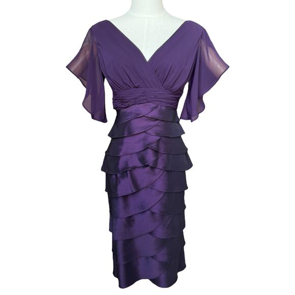 Adrianna Papell Silk Plum Flutter Sleeve Tired knee length Dress size 2 - Picture 6 of 16